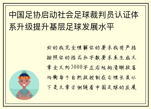 中国足协启动社会足球裁判员认证体系升级提升基层足球发展水平 中国足协启动社会足球裁判员认证体系升级提升基层足球发展水平